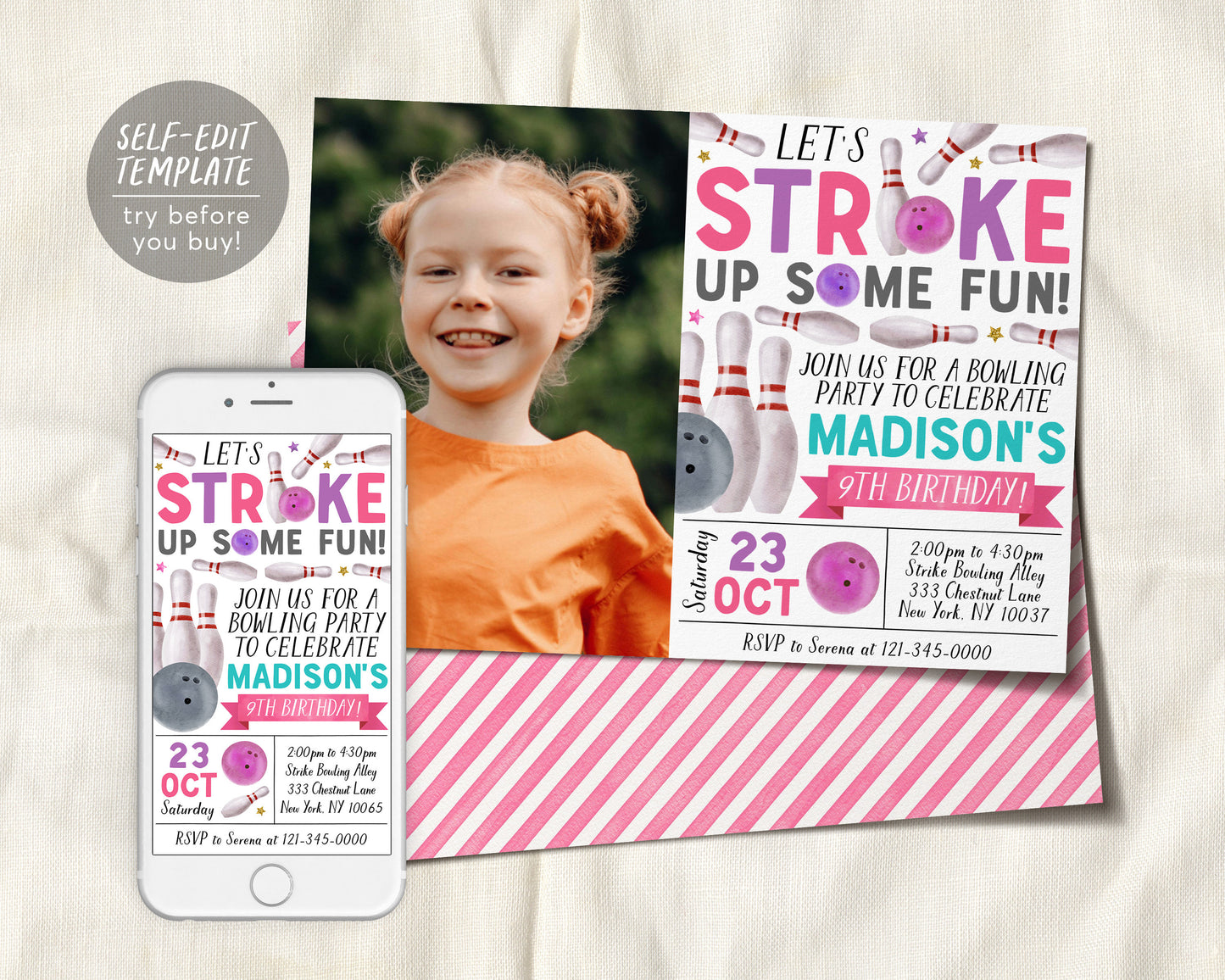 Bowling Birthday Invitation With Photo Editable Template