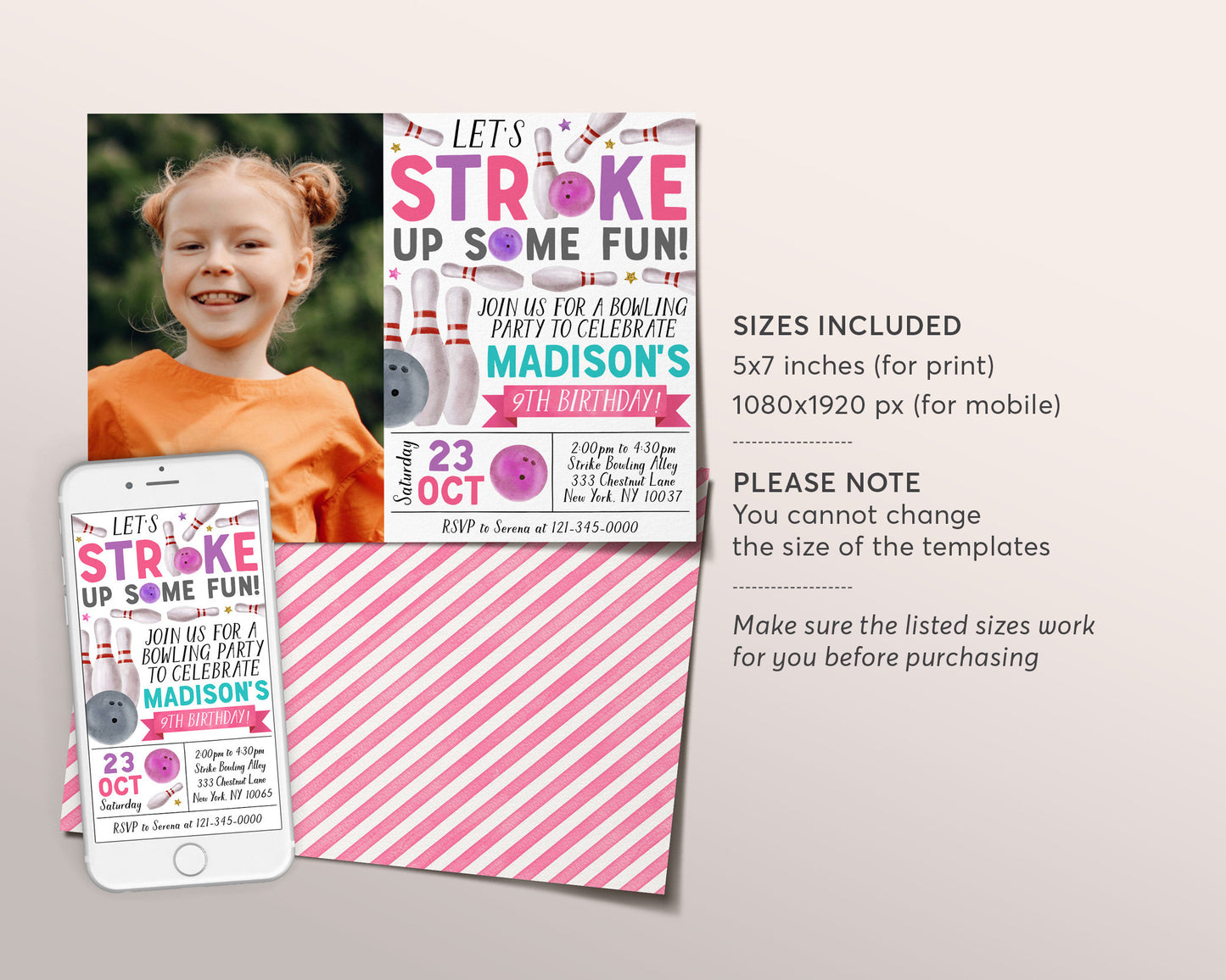 Bowling Birthday Invitation With Photo Editable Template, Girl Strike Up Some Fun Bowling Alley Party Invite, Kids Bowling Ball Pin Evite