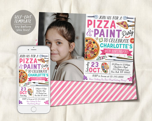 Pizza and Paint Party Birthday Invitation With Photo Editable Template