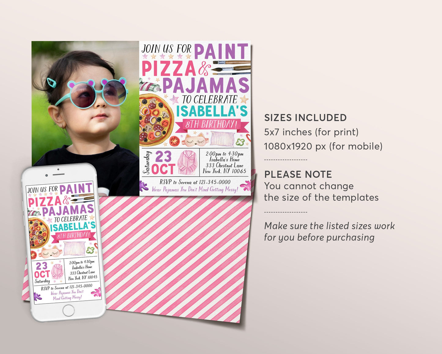 Paint Pizza and Pajamas Party Birthday Invitation With Photo Editable Template, Art Painting Party Evite, Girl Slumber Sleepover Party