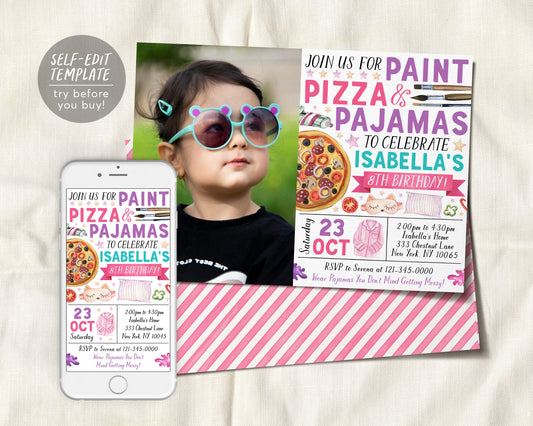 Paint Pizza and Pajamas Party Birthday Invitation With Photo Editable Template