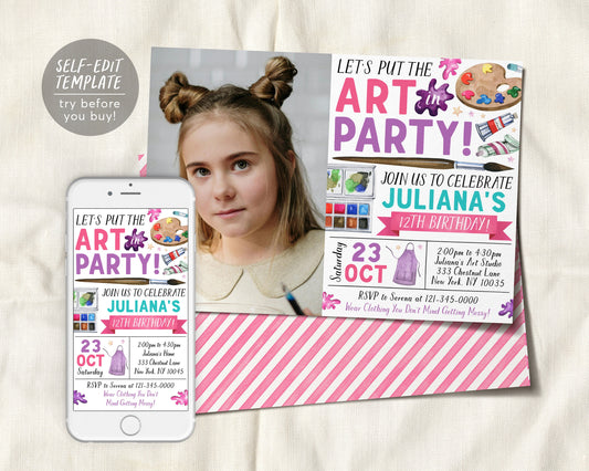 Art Birthday Party Invitation With Photo Editable Template