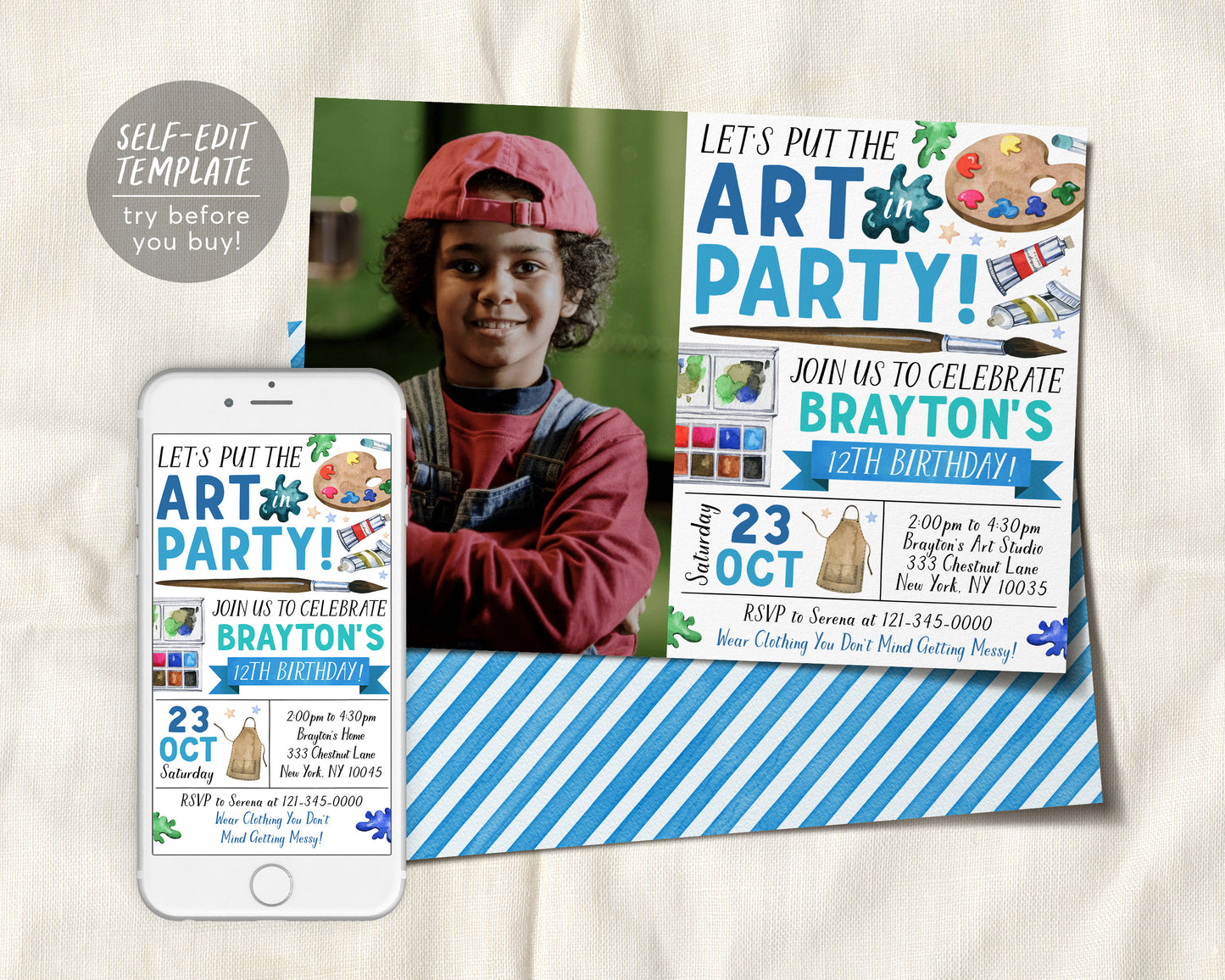 Art Birthday Party Invitation With Photo Editable Template