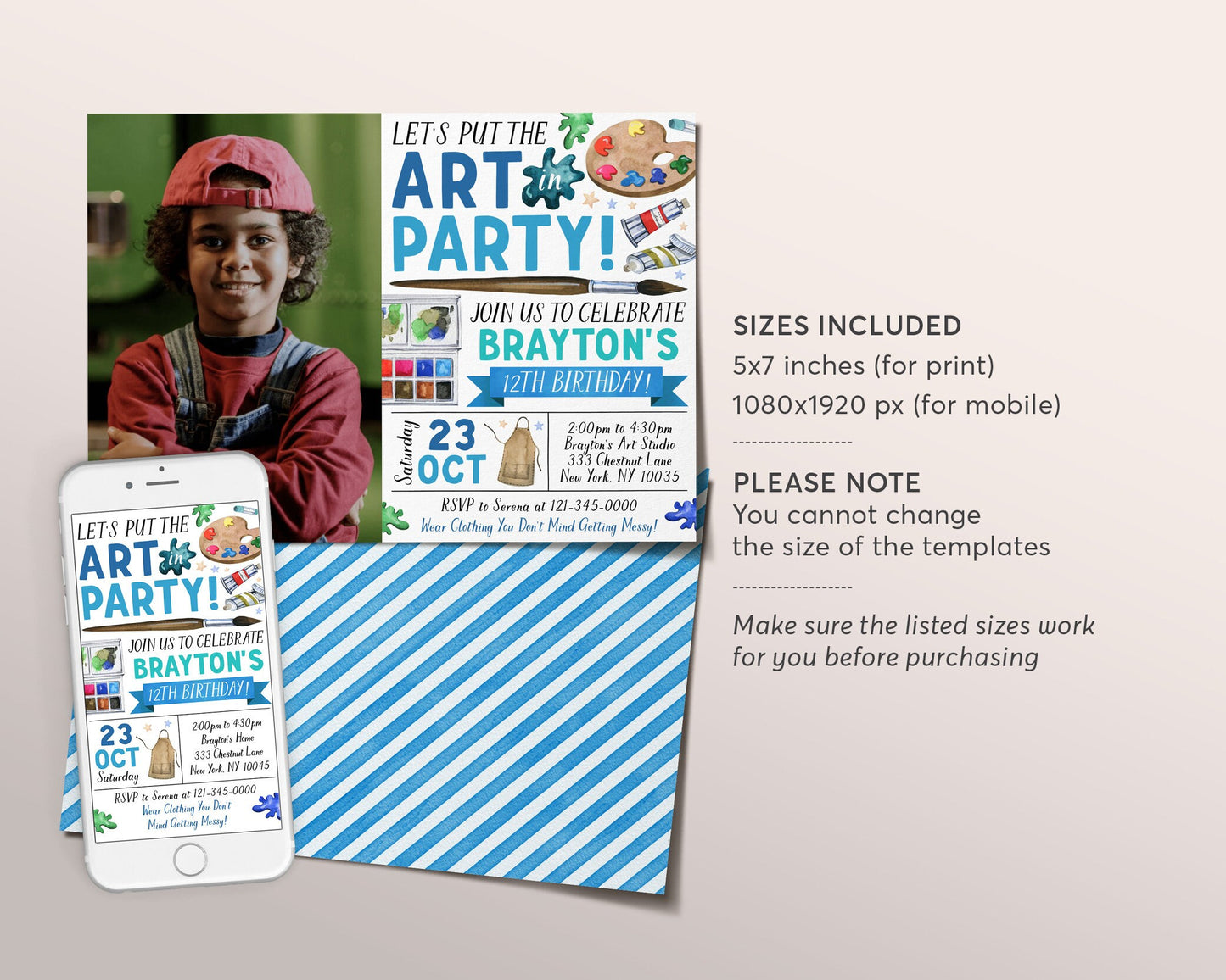 Art Birthday Party Invitation With Photo Editable Template, Art and Craft Party Invite, Lets Put The Art In Party Evite, Boy Art Painting