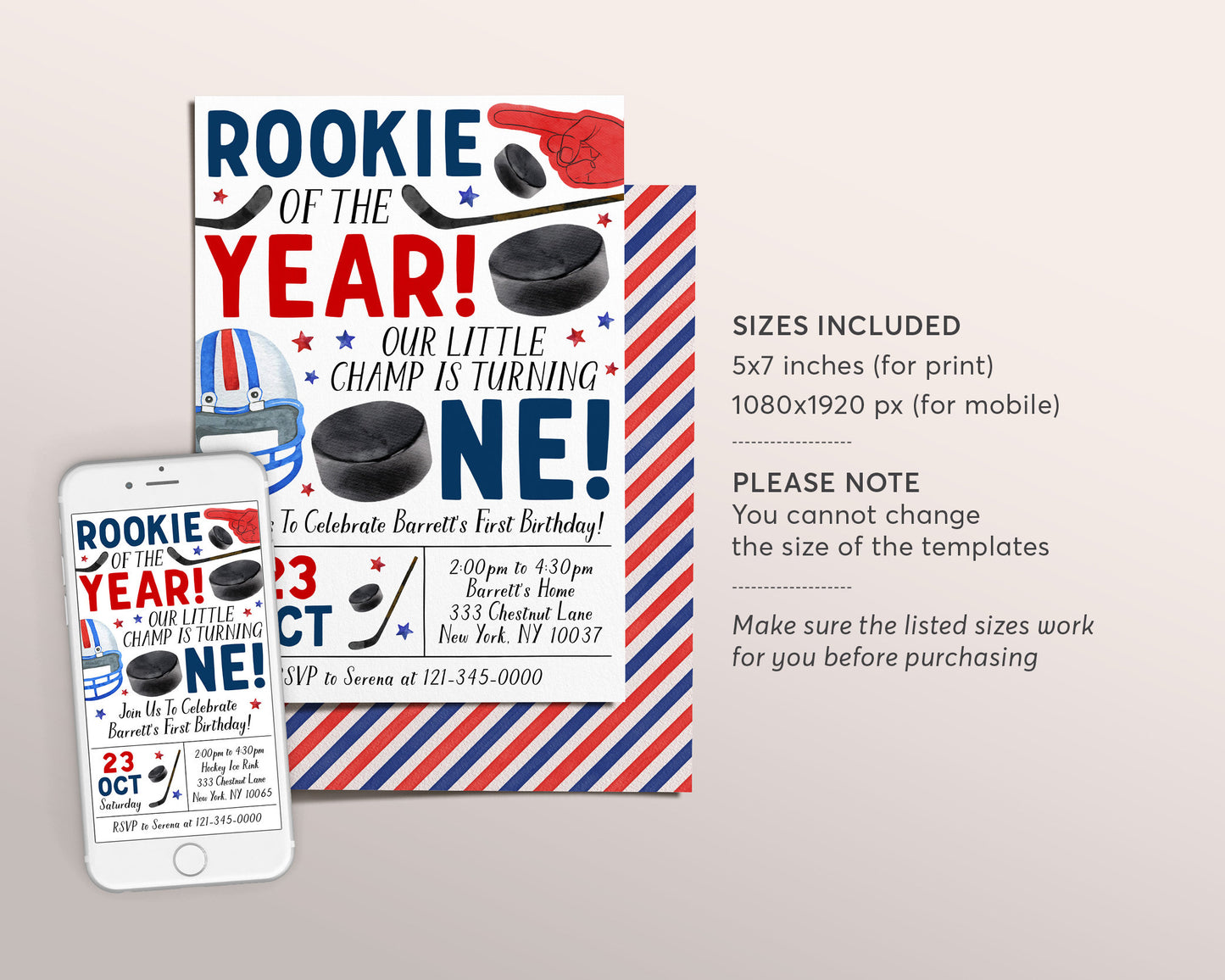 Ice Hockey First Birthday Invitation Editable Template, Boy Rookie Of The Year Ice Skating Hockey Invite, Kids Sports Theme Game Day Evite