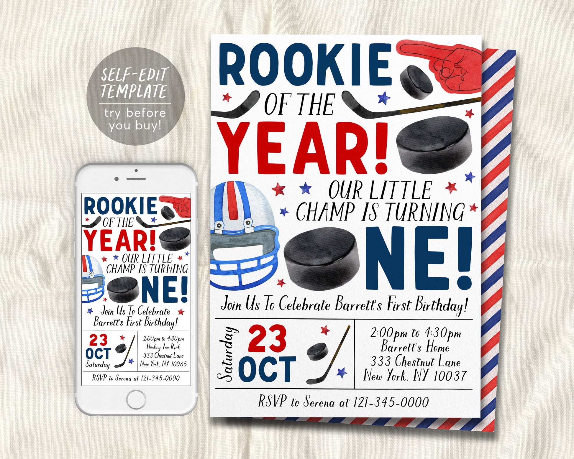 Ice Hockey First Birthday Invitation Editable Template