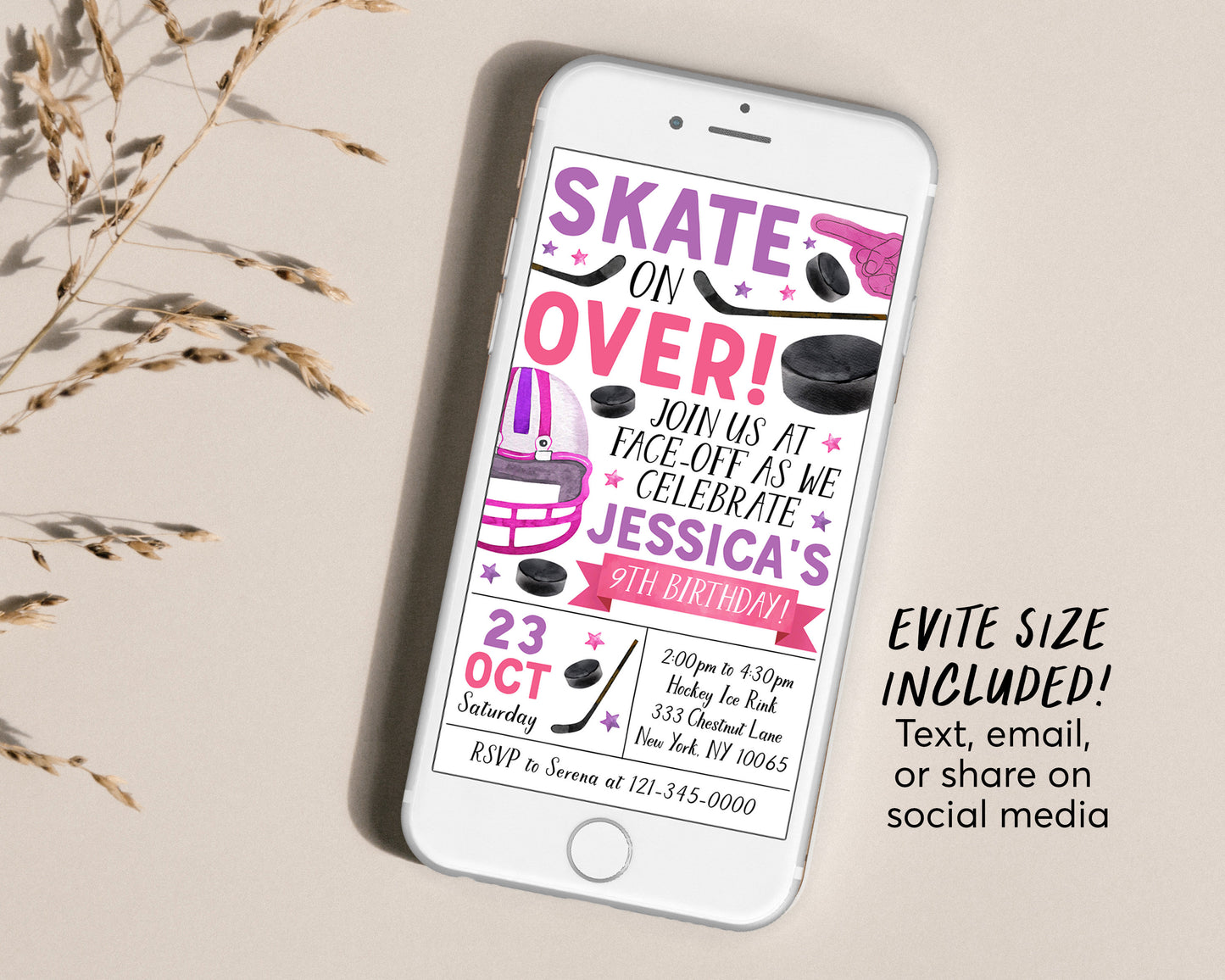 Ice Hockey Birthday Invitation Editable Template, Girl Ice Skating Hockey Invite, Kids Sports Theme Game Day All Stars Evite Printable