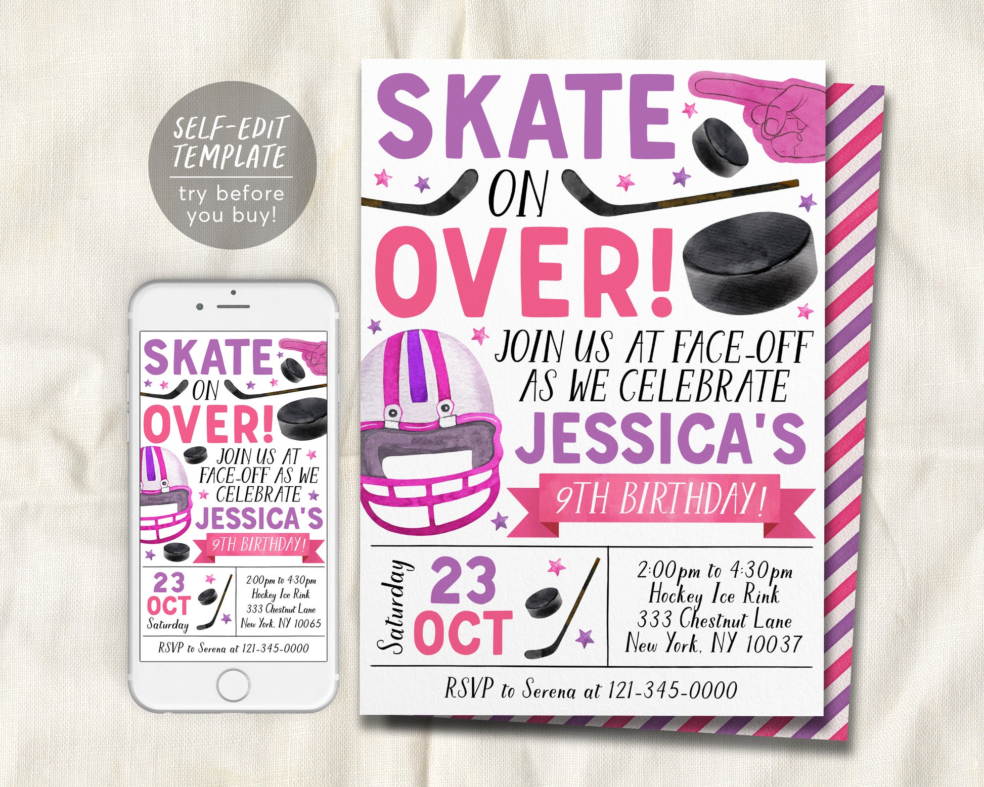 Ice Hockey Birthday Invitation Editable Template