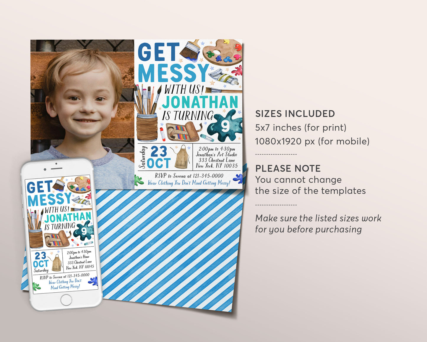 Art Birthday Party Invitation With Photo Editable Template, Lets Get Messy Painting Party Invite, Boy Paint Craft Evite, Dress for a Mess