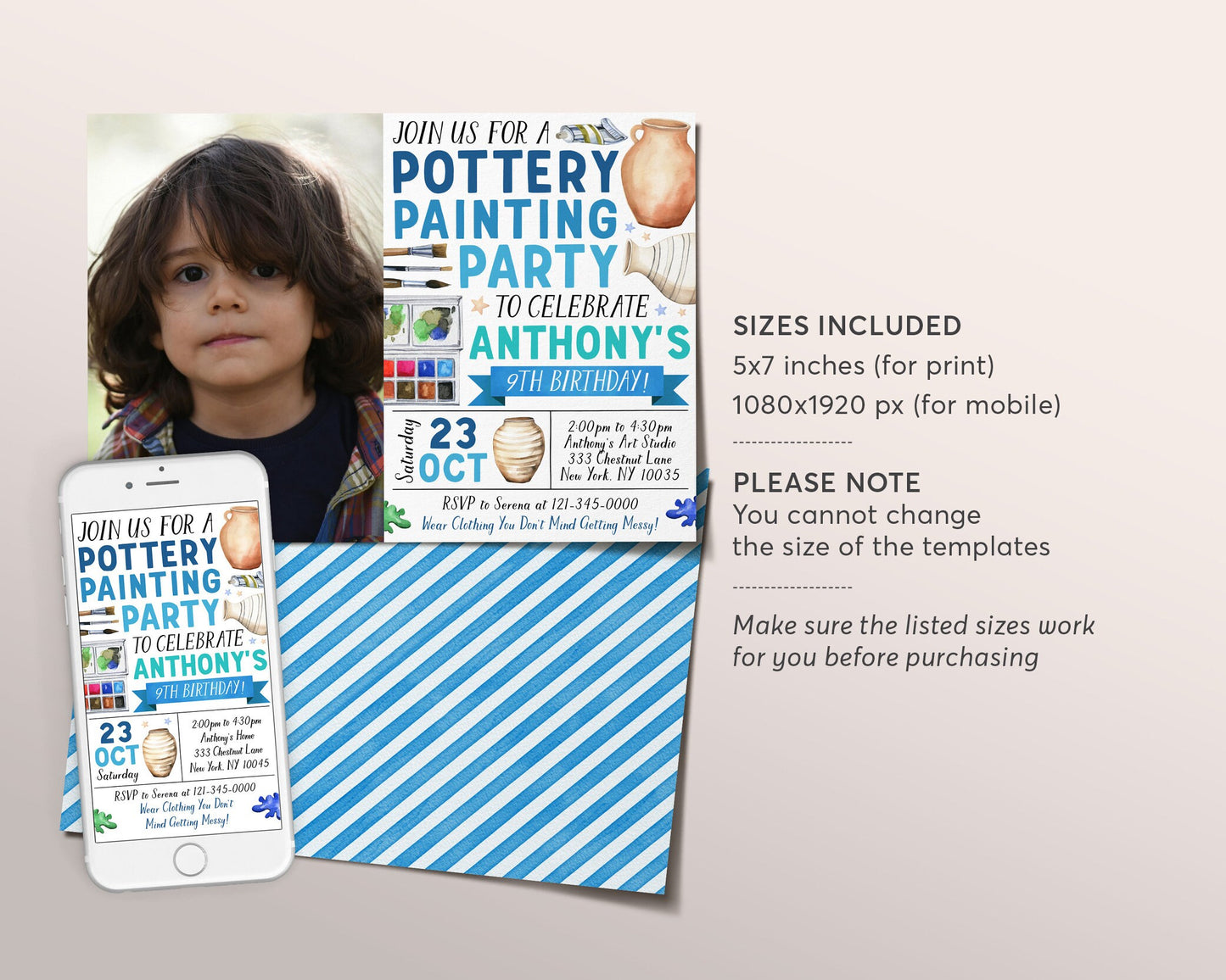 Pottery Party Invitation With Photo Editable Template, Pottery Painting Party Invite, Boy Art Paint Craft Evite, Ceramics Studio Kids Tween