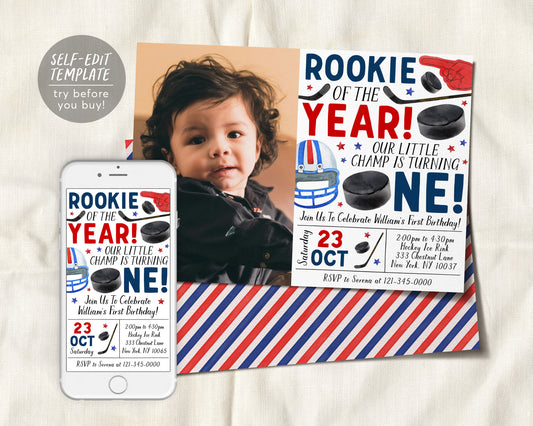 Ice Hockey First Birthday Invitation With Photo Editable Template