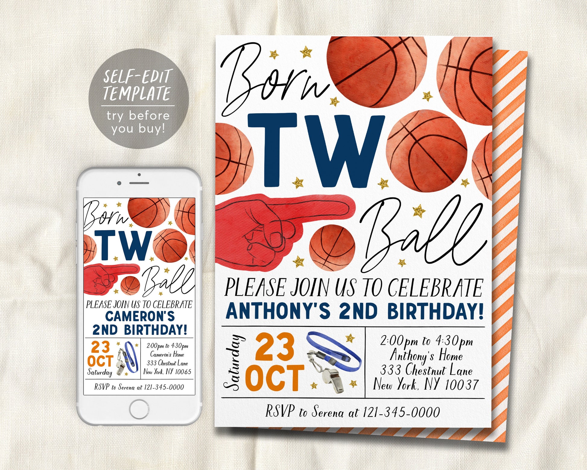Born Two Ball Birthday Invitation Editable Template