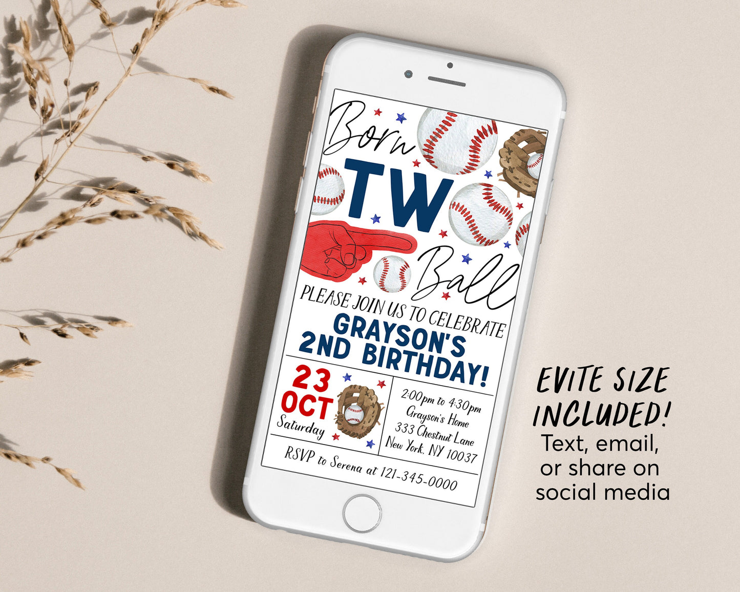 Baseball 2nd Birthday Invitation Editable Template, Boy Born Two Ball Second Birthday Invite, Kids Slugger Sports Theme Evite Printable