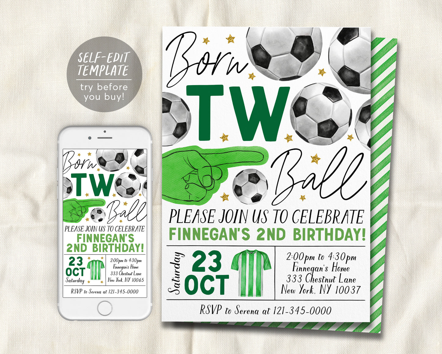 Soccer 2nd Birthday Invitation Editable Template