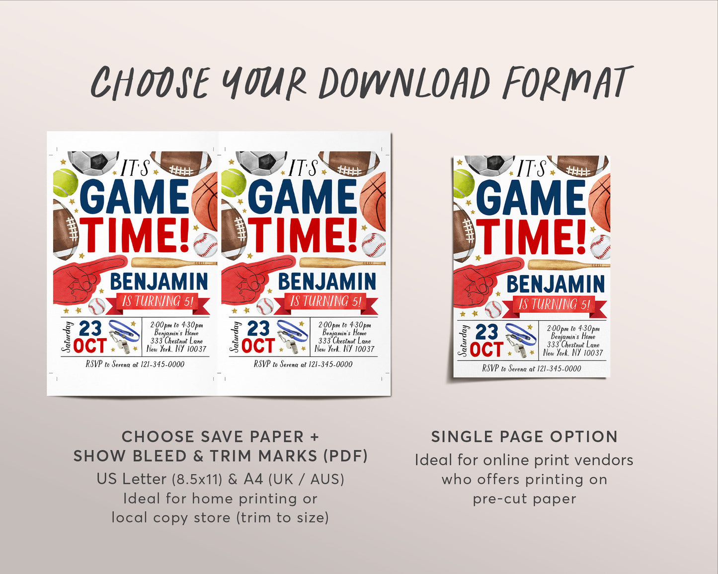 All Star Sports Birthday Invitation Editable Template, Boy It's Game Time Sports Theme Party Invite, Kids Baseball Football Basketball Evite