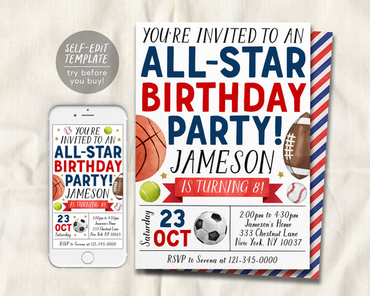 All Star Sports Birthday Invitation Editable Template, Boy It's Game Time Sports Theme Party Invite, Kids Baseball Football Basketball Evite