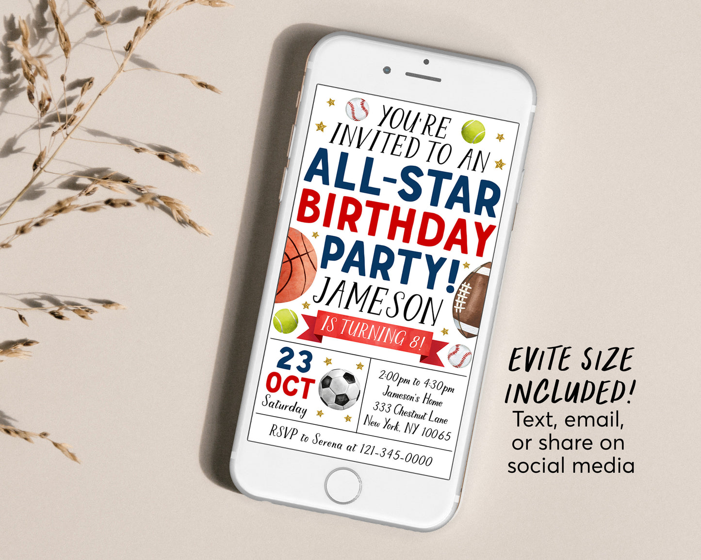 All Star Sports Birthday Invitation Editable Template, Boy It's Game Time Sports Theme Party Invite, Kids Baseball Football Basketball Evite