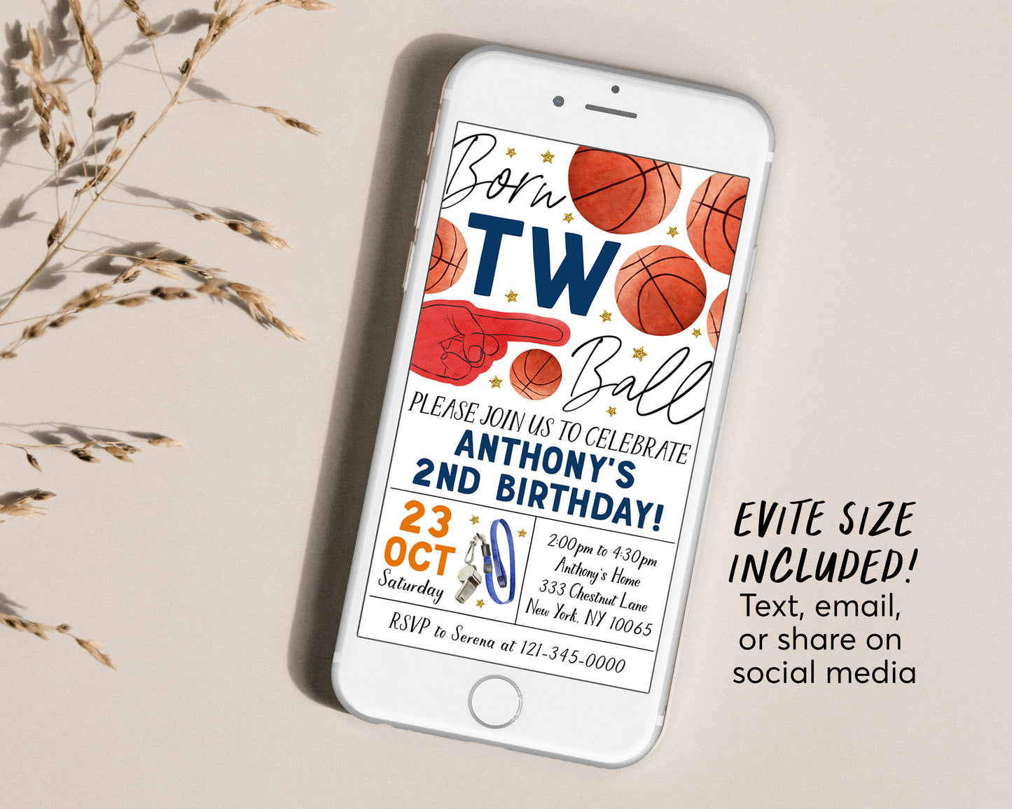 Born Two Ball Basketball Birthday Invitation With Photo Editable Template, Born 2 Ball 2nd Birthday Party Invite, Kids Sports Theme Evite