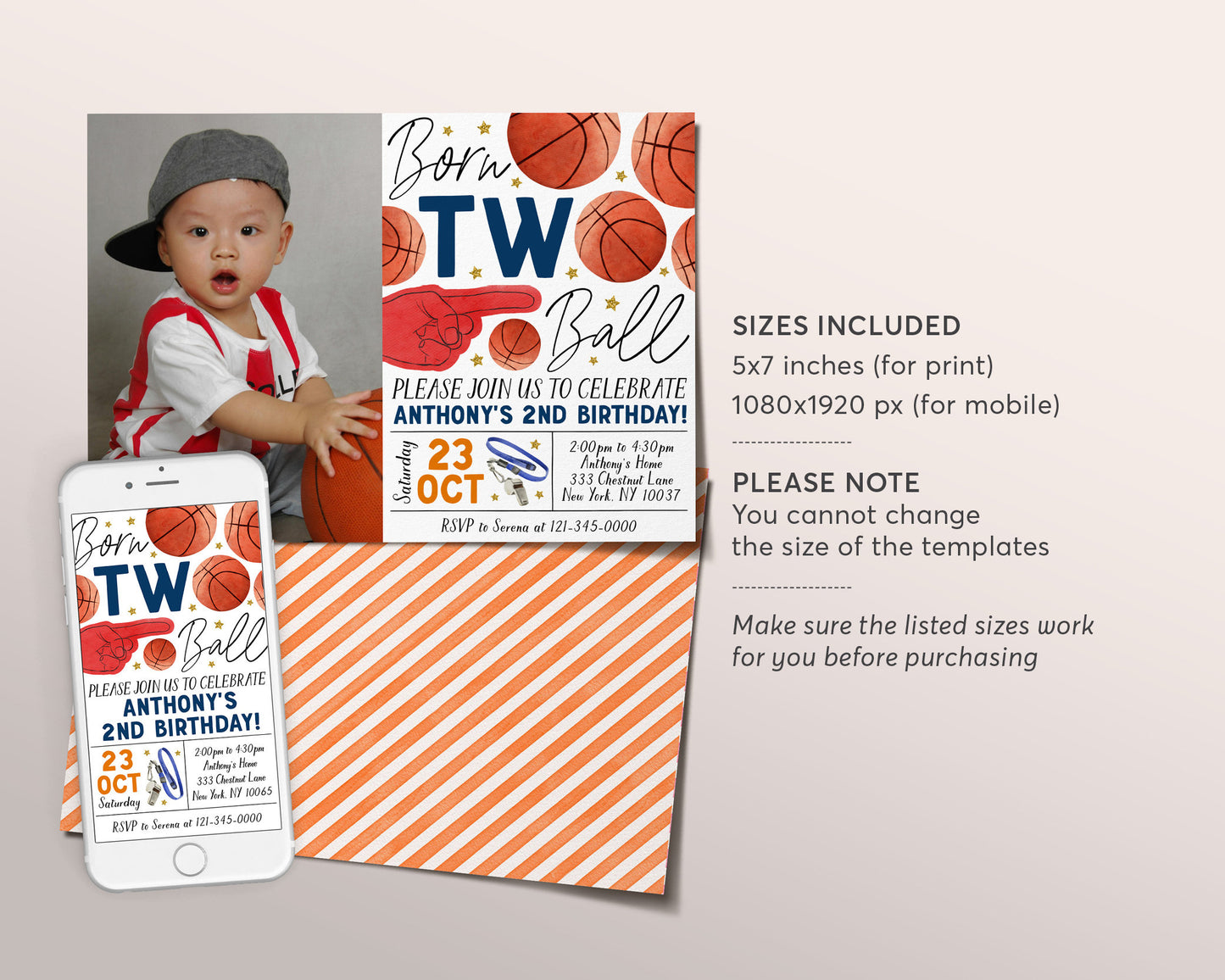 Born Two Ball Basketball Birthday Invitation With Photo Editable Template, Born 2 Ball 2nd Birthday Party Invite, Kids Sports Theme Evite