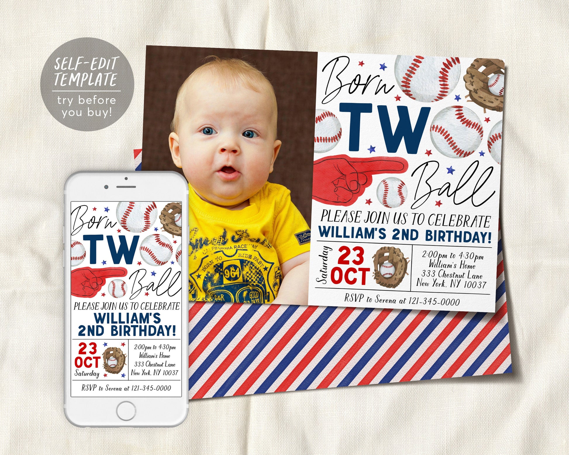 Baseball 2nd Birthday With Photo Invitation Editable Template