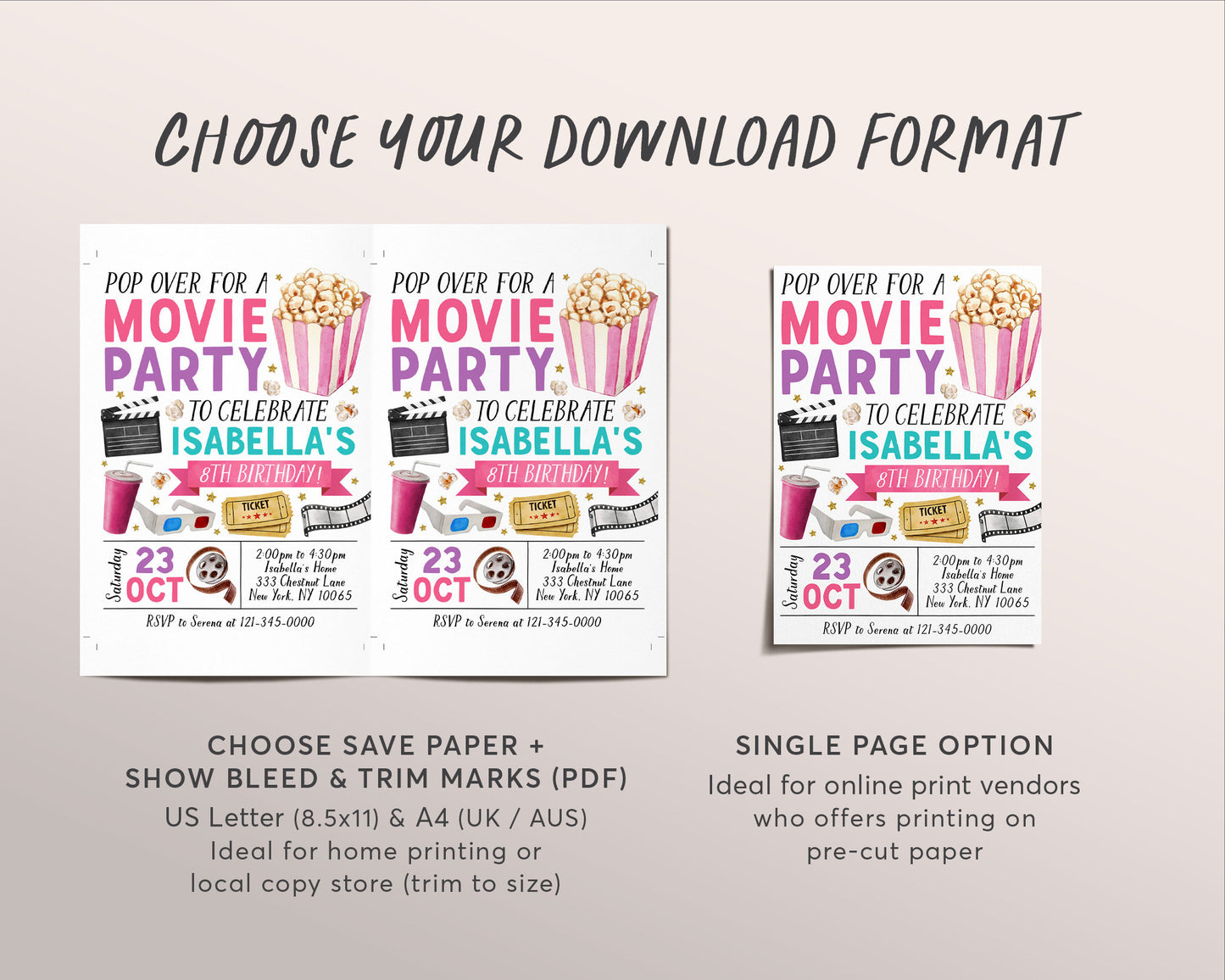 Movie Birthday Invitation Editable Template, Girl Pop On Over Cinema Movie Ticket Invite, Movie Night Kids Party Evite, Popcorn And Movies