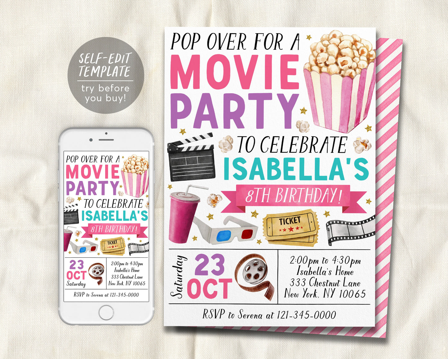 Movie Birthday Invitation Editable Template