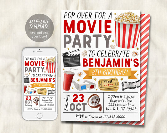 Movie Birthday Invitation Editable Template