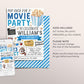 Movie Birthday Invitation Editable Template, Boy Pop On Over Cinema Movie Ticket Invite, Movie Night Kids Party Evite, Popcorn And Movies