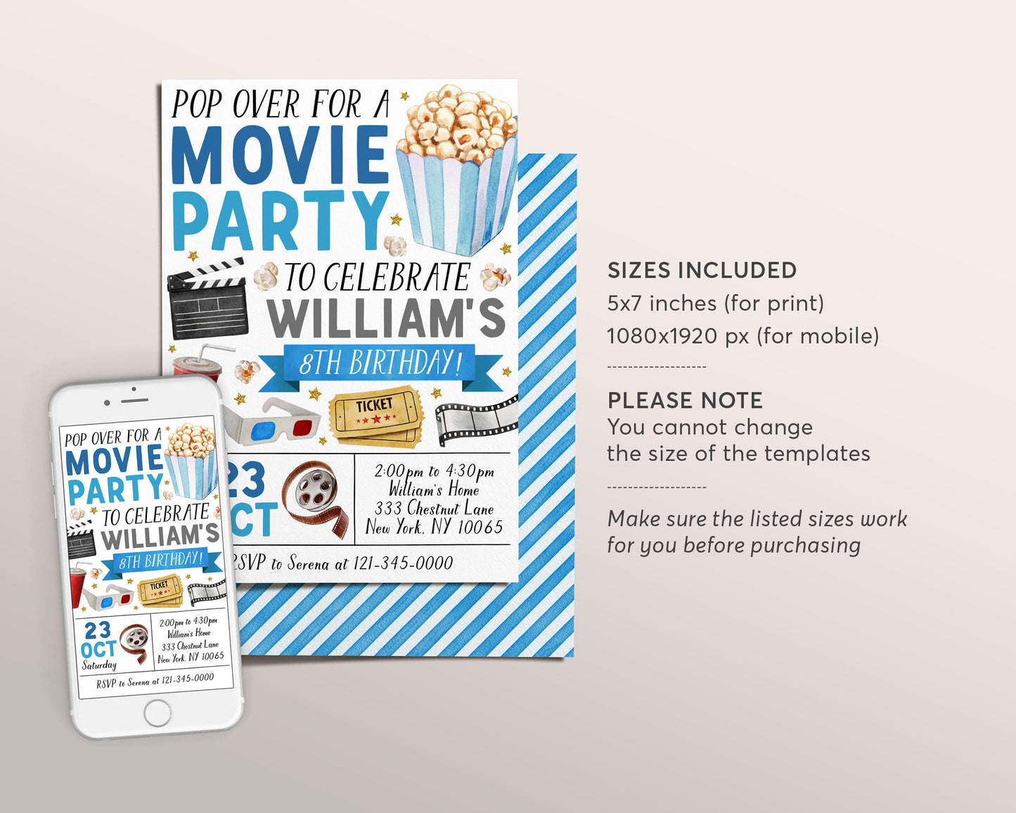 Movie Birthday Invitation Editable Template, Boy Pop On Over Cinema Movie Ticket Invite, Movie Night Kids Party Evite, Popcorn And Movies