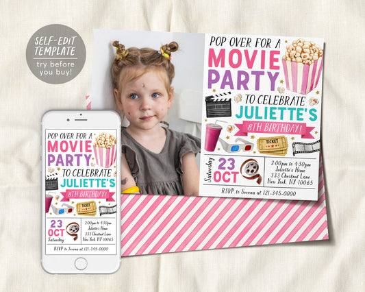 Movie Birthday Invitation With Photo Editable Template