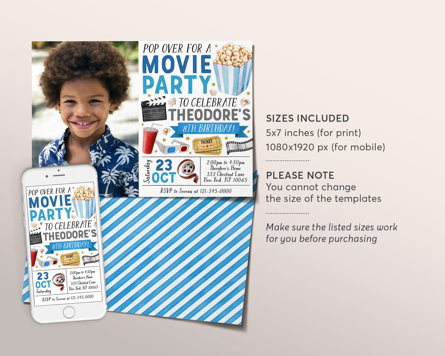 Movie Birthday Invitation With Photo Editable Template, Boy Pop On Over Cinema Movie Ticket Invite, Movie Night Kids Party Popcorn Evite