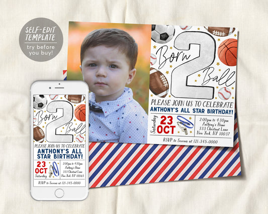 Born 2 Ball Second Birthday Invitation With Photo Editable Template