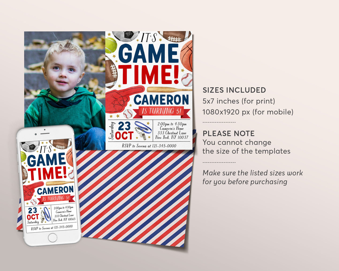 All Star Sports Birthday Invitation With Photo Editable Template, Boy It's Game Time Sports Theme Party Invite, Kids Baseball Football Evite