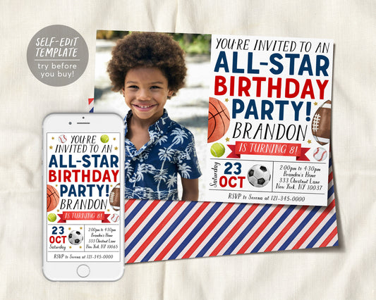 All Star Sports Birthday Invitation With Photo Editable Template