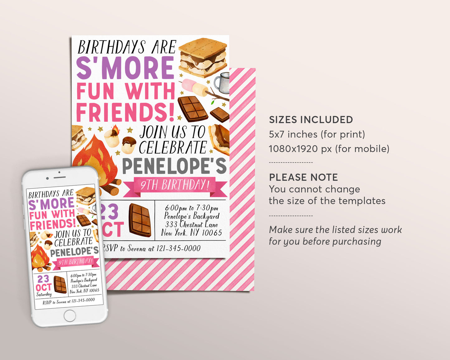 S'mores Birthday Invitation Editable Template, Girl Backyard Camping Invite, Kids Smores Bonfire Campfire Evite, Smore Fun With Friends