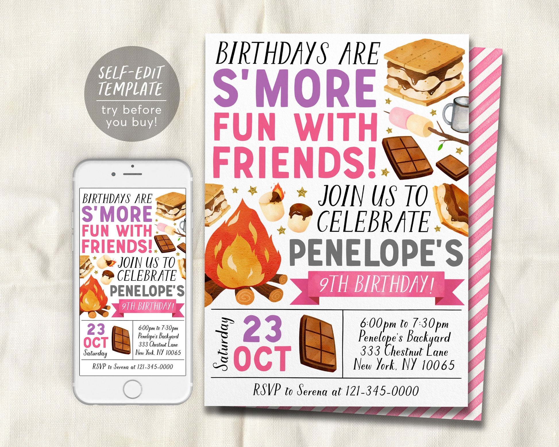 S&#39;mores Birthday Invitation Editable Template