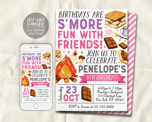 S&#39;mores Birthday Invitation Editable Template