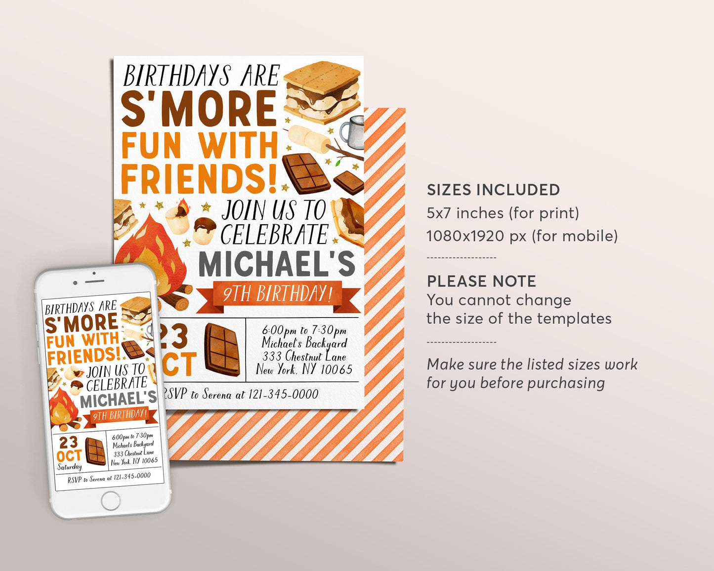 S'mores Birthday Invitation Editable Template, Boy Unisex Backyard Camping Invite, Kids Bonfire Campfire Evite, Smore Fun With Friends