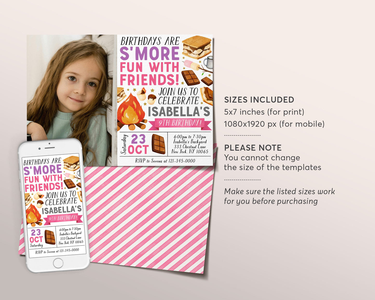 S'mores Birthday Invitation With Photo Editable Template, Girl Backyard Camping Invite, Kids Bonfire Campfire Evite, Smore Fun With Friends