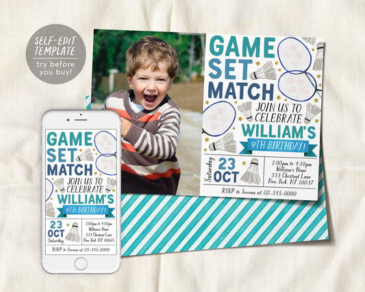 Badminton Birthday Invitation With Photo Editable Template