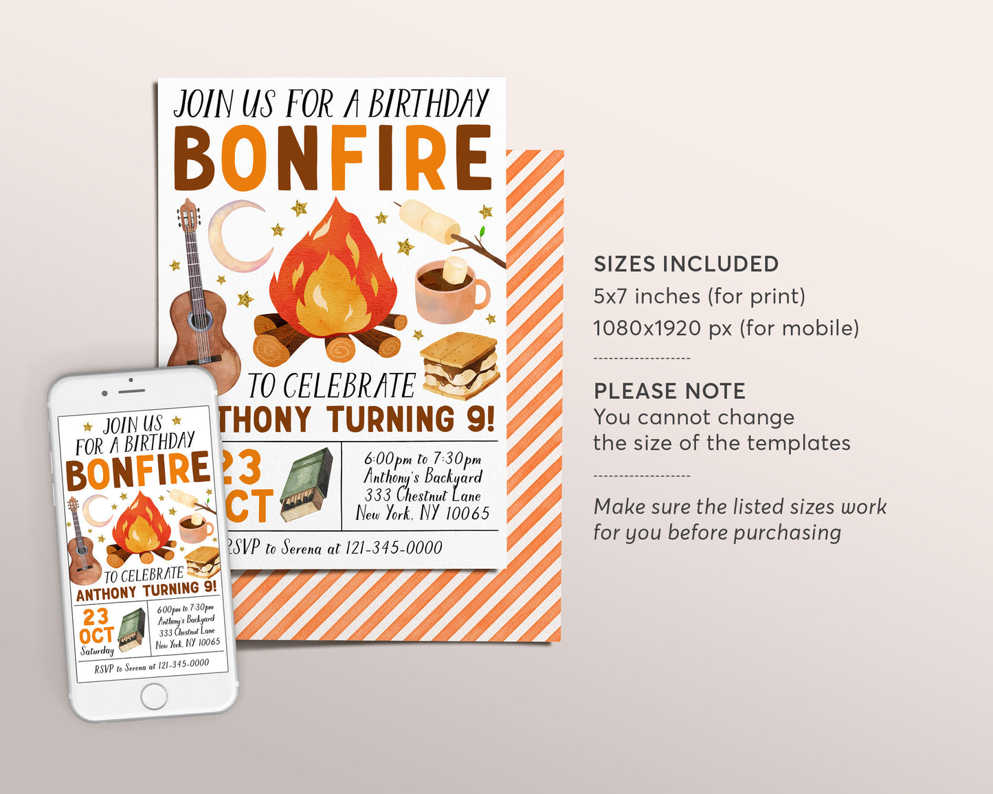 Bonfire Birthday Invitation Editable Template, Kids Backyard Campfire S'mores Invite, Kids Camping Evite, Smore Fun With Friends Printable