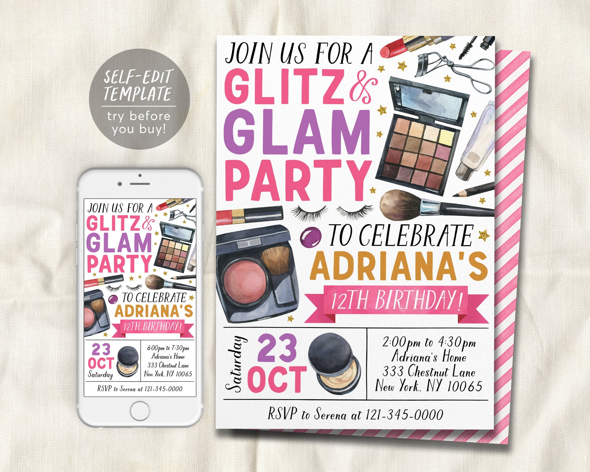 Glitz and Glam Birthday Party Invitation Editable Template