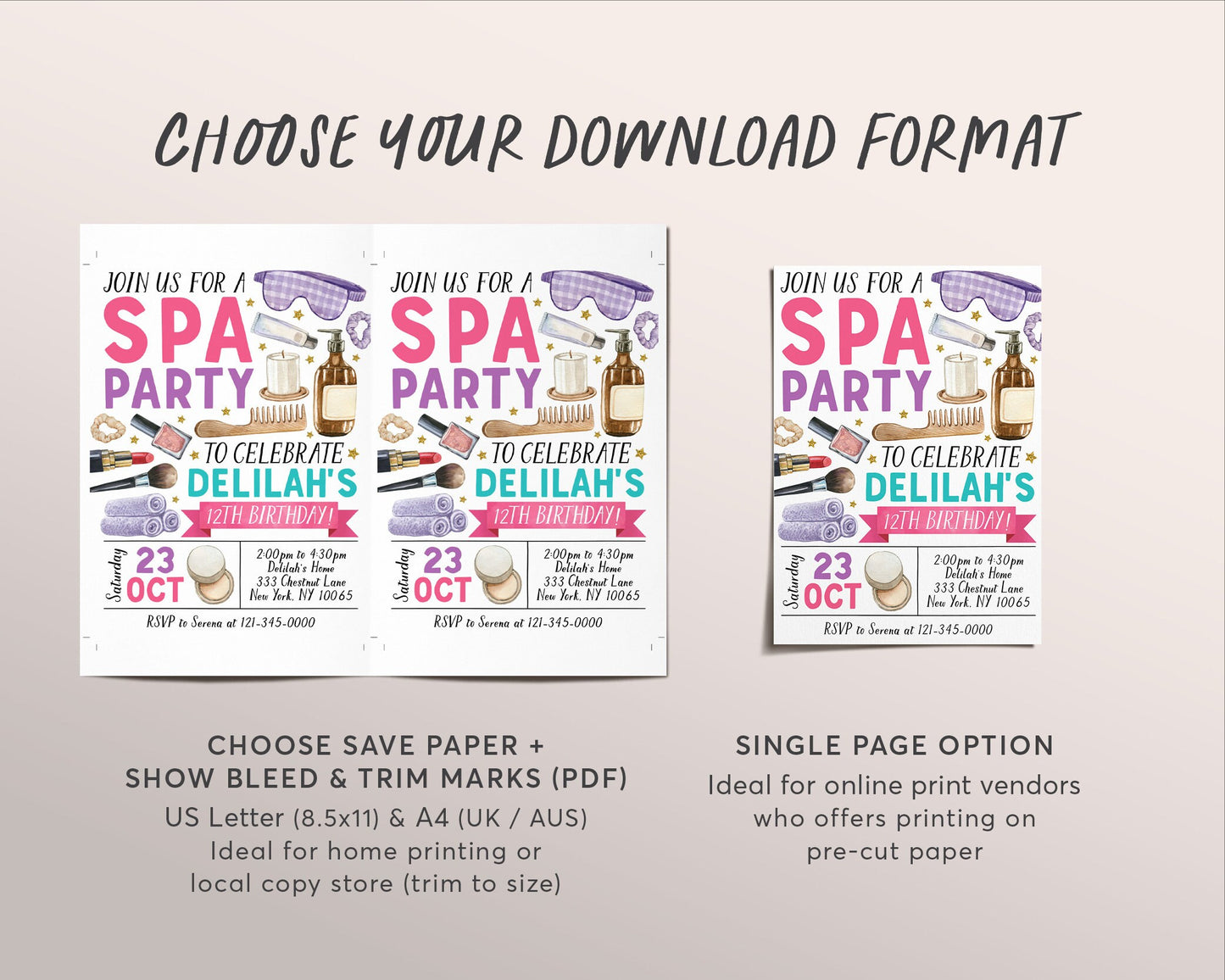 Spa Party Birthday Invitation Editable Template, Pamper Party Spa Day Invite, Tween Glitz and Glam Evite, Makeup Facial Mani Pedi Printable