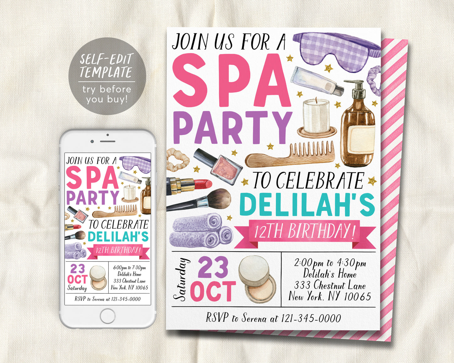 Spa Party Birthday Invitation Editable Template