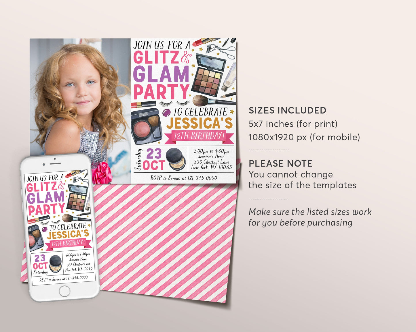 Glitz and Glam Birthday Party Invitation With Photo Editable Template, Makeup Pamper Party Spa Day Invite, Girl Teen Tween Makeover Evite