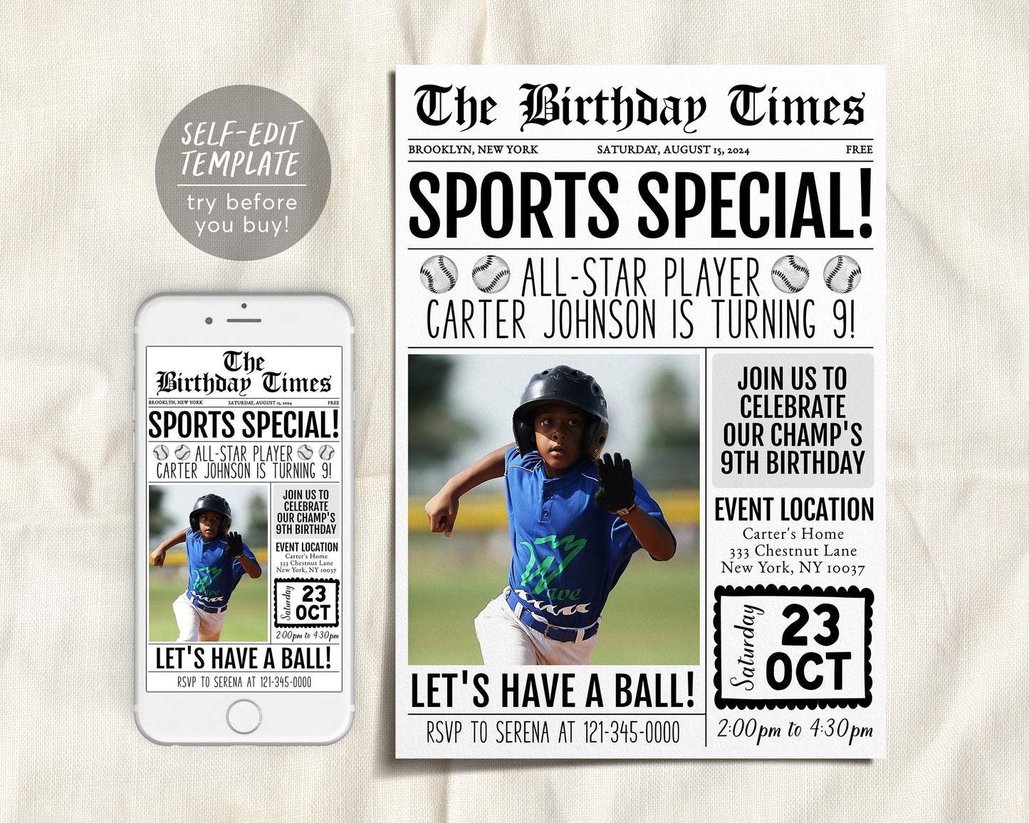 Baseball Birthday Invitation With Photo Editable Template