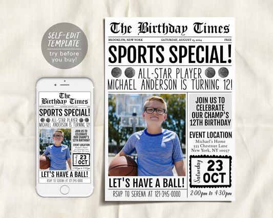 Basketball Birthday Invitation With Photo Editable Template