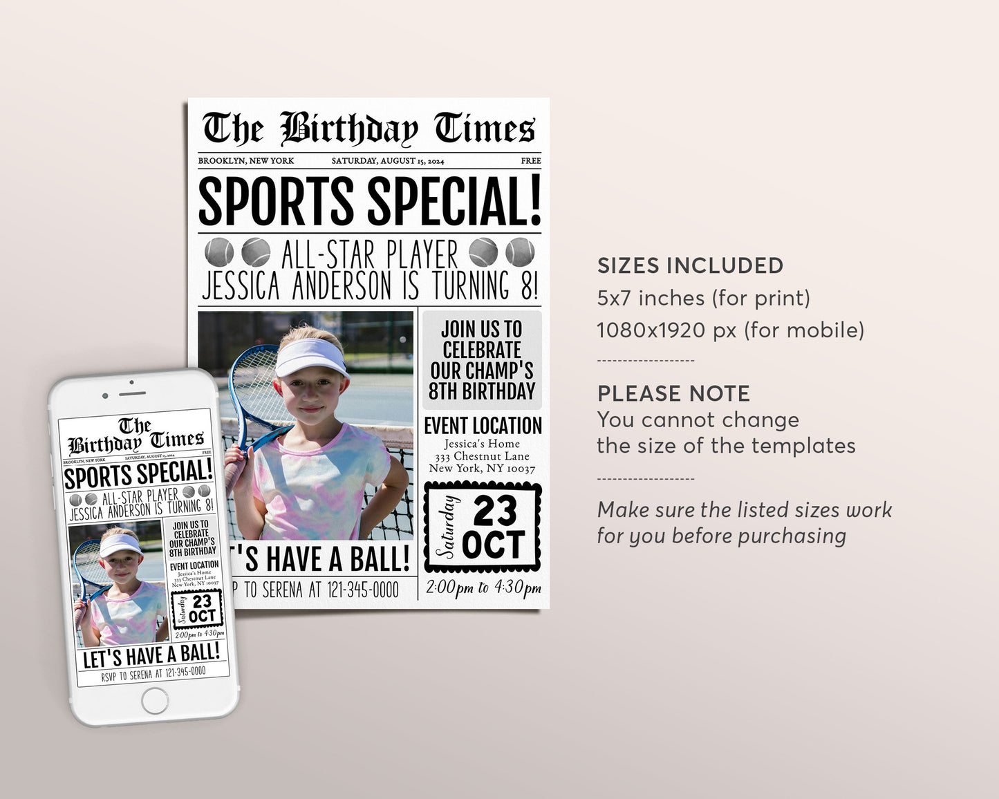 Tennis Birthday Invitation With Photo Editable Template, Newspaper Tennis Theme Invite, Kids Sports Tennis Game Tournament Match Printable