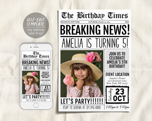 Birthday Newspaper Invitation With Photo Editable Template