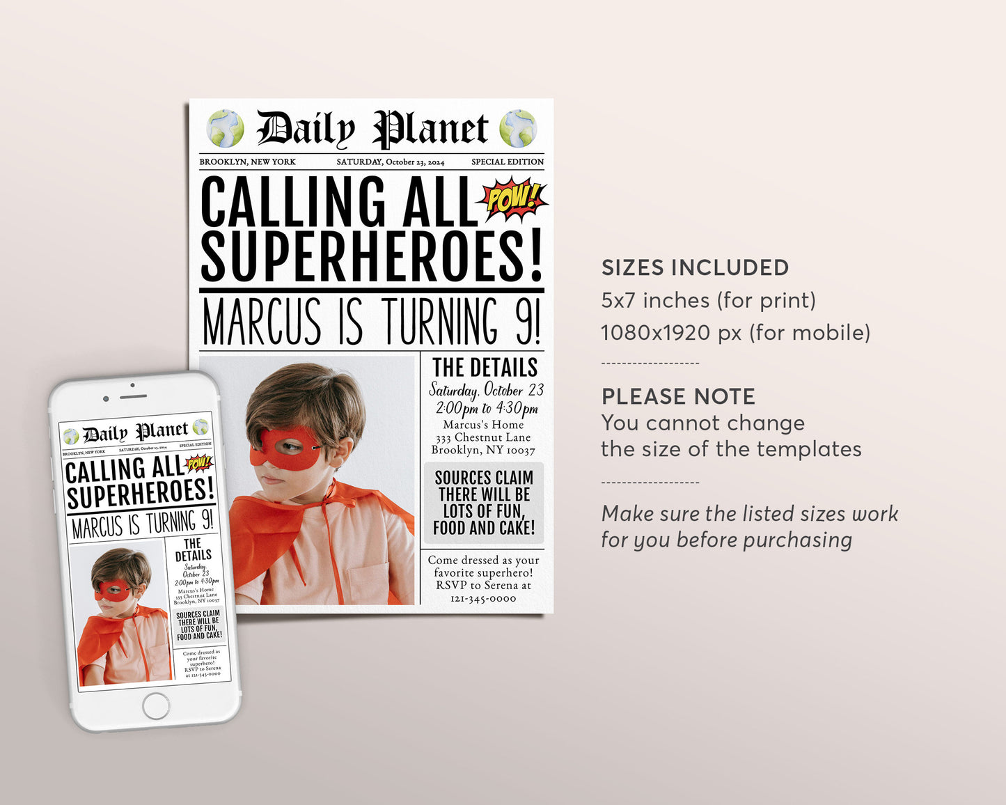 Superhero Newspaper Invitation With Photo Editable Template, Superhero Birthday Theme Party Invite, Unique Hero Evite Printable Superheroes